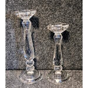 Set of Two Heavy Faceted Lead Crystal Candle Holders 11" & 9" Tall